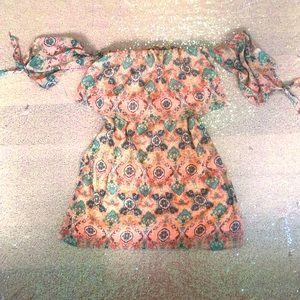 Red Camel pink teal blue off the shoulder blouse sheer tie sleeve top medium